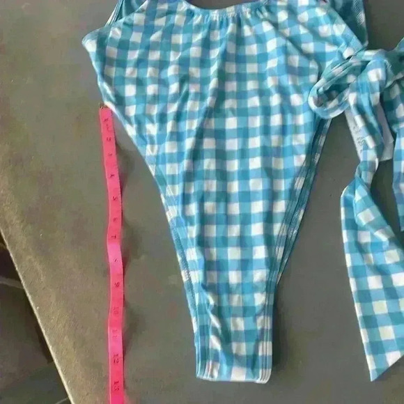 Windsor Blue White Gingham Tie Waist Open Back Pull On One Piece Swimsuit Size S - Picture 9 of 9